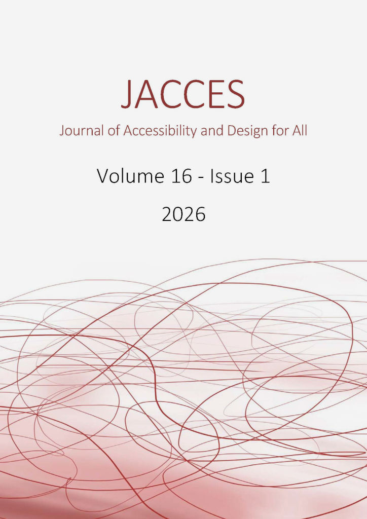 The image covers the "JACCES, Journal of Accessibility and Design for All". It features the text "Volume 16 - Issue 1" and "2026" centred on the page. The background has a pattern of red, swirling lines concentrated towards the bottom half.