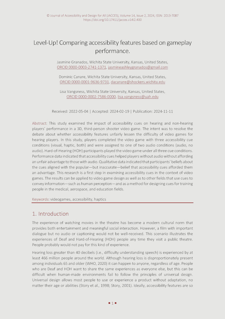 The image shows the first page of the paper “Granados, J., Canare, D., Vangsness, L. (2024). Level-Up! Comparing accessibility features based on gameplay performance. Journal of Accessibility and Design for All, 14(2), 1–15. https://doi.org/10.17411/jacces.v14i2.400”.