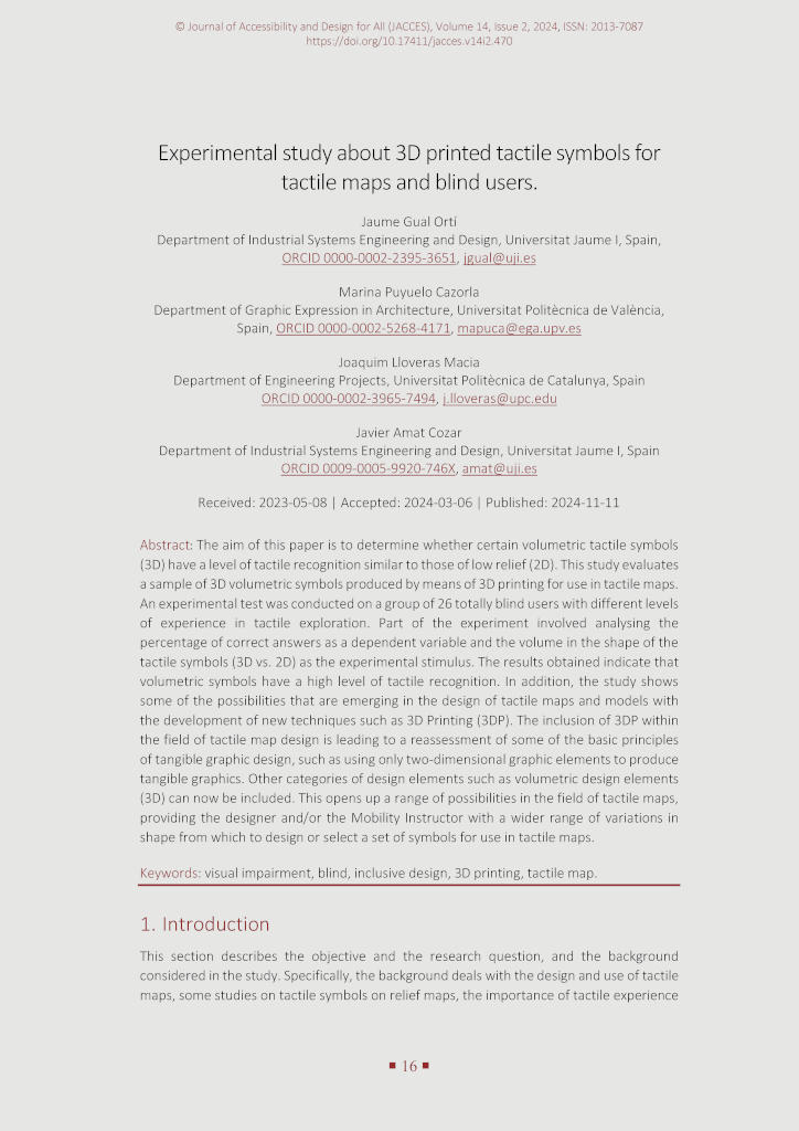 The image shows the first page of the paper “Gual Ortí, J., Puyuelo Cazorla, M., Lloveras Macia, J., Amat Cozar, J. (2024). Experimental study about 3D printed tactile symbols for tactile maps and blind users. Journal of Accessibility and Design for All, 14(2), 16-34.https://doi.org/10.17411/jacces.v14i2.470”.